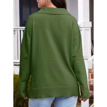 LILLUSORY Oversized Sweaters for Women 2024 Fall Trendy Sexy V Neck Collared Tunic Chunky Knit Long Sleeve Pullover Top Winter Outfits Cute Clothes Army Green L