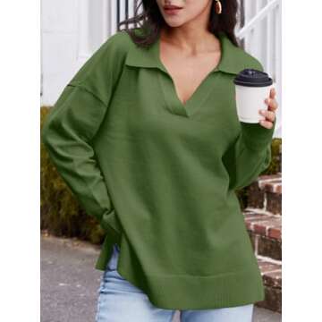 LILLUSORY Oversized Sweaters for Women 2024 Fall Trendy Sexy V Neck Collared Tunic Chunky Knit Long Sleeve Pullover Top Winter Outfits Cute Clothes Army Green L