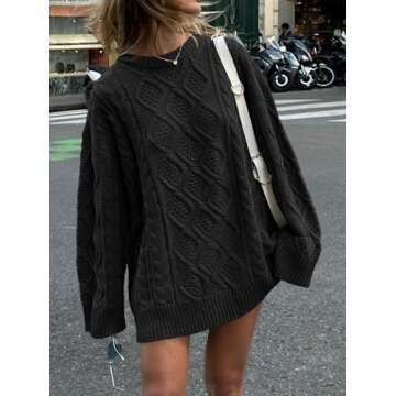 Saodimallsu Womens Oversized Sweaters Cable Knit Chunky Crew Neck Long Sleeve Loose Tunic Pullover Sweater Black