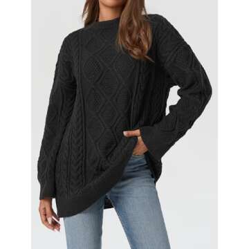 Saodimallsu Womens Oversized Sweaters Cable Knit Chunky Crew Neck Long Sleeve Loose Tunic Pullover Sweater Black