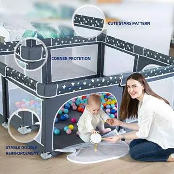 Baby Playpen, ANGELBLISS Playpen for Babies and Toddlers, Extra Large Play Yard with Gate, Indoor & Outdoor Kids Safety Play Pen Area with Star Print (Dark Grey, 71"×59")