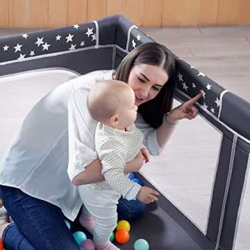 Baby Playpen, ANGELBLISS Playpen for Babies and Toddlers, Extra Large Play Yard with Gate, Indoor & Outdoor Kids Safety Play Pen Area with Star Print (Dark Grey, 71"×59")