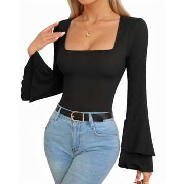 MANGOPOP Bell Sleeve Square Neck Bodysuits for Women Long Sleeve Bodysuit Going Out Tops
