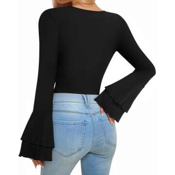 MANGOPOP Bell Sleeve Square Neck Bodysuits for Women Long Sleeve Bodysuit Going Out Tops