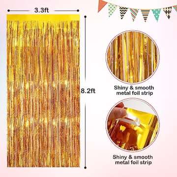 Gold Metallic Tinsel Foil Fringe Curtains, 2 Pack 3.3x8.3 Feet Party Streamer Curtains for Birthday ...