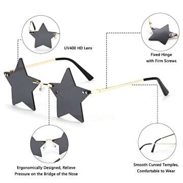 Rimless Star Shape Sunglasses Trendy Sun Glasses for Women Men Party Glasses Pentagram Eyewears(One Size,purple)