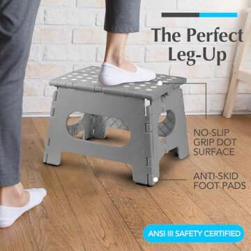 Handy Laundry Folding Step Stool - The Lightweight Step Stool is Sturdy Enough to Support Adults and Safe Enough for Kids. Opens Easy with One Flip. Great for Kitchen, Bathroom or Bedroom. (Grey)