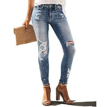 Allimy Women's High Rise Skinny Stretch Ripped Jeans High Waisted Destroyed Denim Pants Size 10 Blue