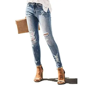 Allimy Women's High Rise Skinny Stretch Ripped Jeans High Waisted Destroyed Denim Pants Size 10 Blue