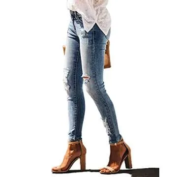 Allimy Women's High Rise Skinny Stretch Ripped Jeans High Waisted Destroyed Denim Pants Size 10 Blue