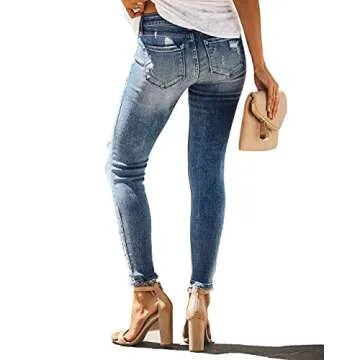 Allimy Women's High Rise Skinny Stretch Ripped Jeans High Waisted Destroyed Denim Pants Size 10 Blue