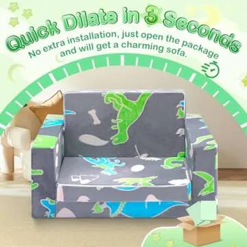 Kids Couch, 2-in-1 Toddler Couch Sofa, Kids Sofa Fold Out, Comfy Toddler Sofa Glowing in The Dark, Child Dinosaur Sofa Chair for Boys Girls Gifts, Convertible Baby Sofa Bed for Playroom Bedroom