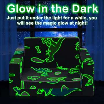 Kids Couch, 2-in-1 Toddler Couch Sofa, Kids Sofa Fold Out, Comfy Toddler Sofa Glowing in The Dark, Child Dinosaur Sofa Chair for Boys Girls Gifts, Convertible Baby Sofa Bed for Playroom Bedroom