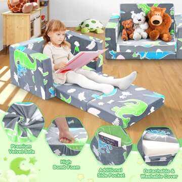 Kids Couch, 2-in-1 Toddler Couch Sofa, Kids Sofa Fold Out, Comfy Toddler Sofa Glowing in The Dark, Child Dinosaur Sofa Chair for Boys Girls Gifts, Convertible Baby Sofa Bed for Playroom Bedroom