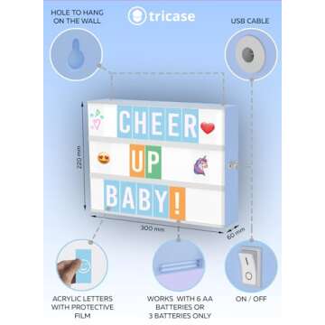 tricase Blue Cinema Light Box with 312 Letters, Emojis & 3 Markers - Led Light Box Sign for Home & Blue Bedroom Decor for Girls - Light Up Letter Board - Best Gift Idea for Girls on Birthday