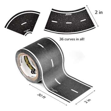 PlayTape Tape and Curves for Toy Cars - 1 Roll of 30 ft. x 2 in. Asphalt Road + 1 Roll of 36 Curves
