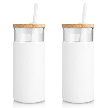 Tronco 20 oz Glass Tumbler With Lids and Straws, Glass Water Bottle Silicone Protective Sleeve, Iced...