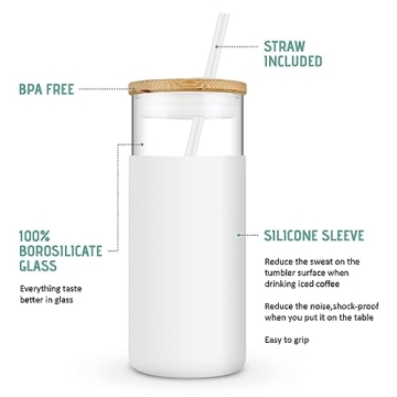 Tronco 20 oz Glass Tumbler With Lids and Straws, Glass Water Bottle Silicone Protective Sleeve, Iced Coffee Cup With Bamboo Lid, Reusable Smoothie Cup, BPA Free (White 2 Count)