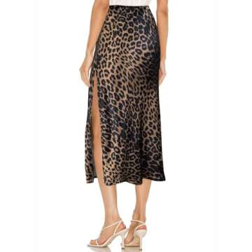 Amy Babe Womens Satin Silk High Waist Slit Midi Skirt Elastic Waistband Midi Skirts for Women Leopar...