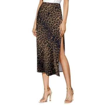 Amy Babe Womens Satin Silk High Waist Slit Midi Skirt Elastic Waistband Midi Skirts for Women Leopard Brown