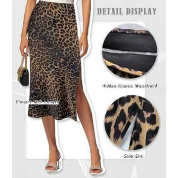 Amy Babe Womens Satin Silk High Waist Slit Midi Skirt Elastic Waistband Midi Skirts for Women Leopard Brown