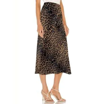 Amy Babe Womens Satin Silk High Waist Slit Midi Skirt Elastic Waistband Midi Skirts for Women Leopard Brown