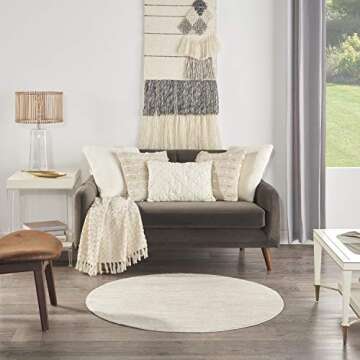 Nourison Essentials Indoor/Outdoor Ivory Beige 4' x Round Area Rug, Easy Cleaning, Non Shedding, Bed Room, Living Room, Dining Room, Backyard, Deck, Patio (4 Round)