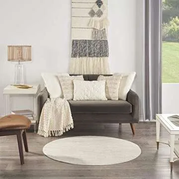 Nourison Essentials Indoor/Outdoor Ivory Beige 4' x Round Area Rug, Easy Cleaning, Non Shedding, Bed Room, Living Room, Dining Room, Backyard, Deck, Patio (4 Round)