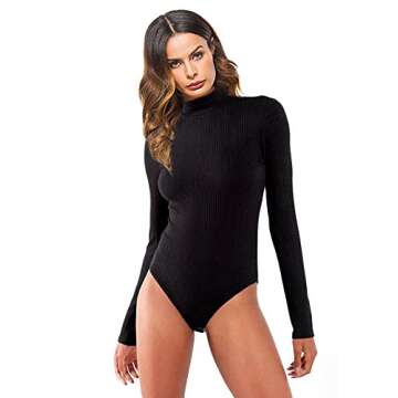 Queen.M Women's Basic Solid Bodysuit Turtleneck Leotard Top Long Sleeve Bodycon Jumpsuit Stretchy Romper