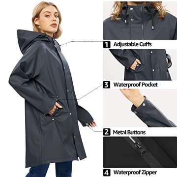 UNIQUEBELLA Upgrade Rain Jackets for Women Waterproof, Raincoat Long Hooded Rain Coats Outdoor Windbreaker Trench Coat