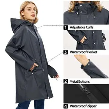 UNIQUEBELLA Upgrade Rain Jackets for Women Waterproof, Raincoat Long Hooded Rain Coats Outdoor Windbreaker Trench Coat