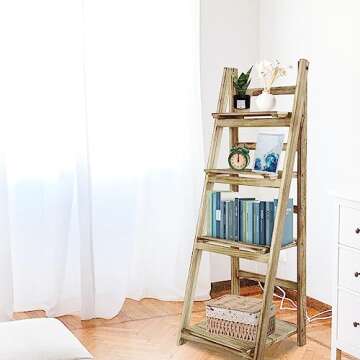 ECOMEX 4 Tier Ladder Shelf - Rustic Foldable Wooden Storage Rack for Home