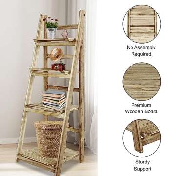 ECOMEX 4 Tier Wooden Ladder Shelf - Foldable & Rustic Storage