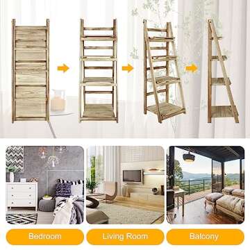 ECOMEX 4 Tier Wooden Ladder Shelf - Foldable & Rustic Storage