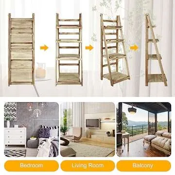 ECOMEX 4 Tier Wooden Ladder Shelf - Foldable & Rustic Storage