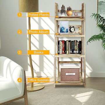 ECOMEX 4 Tier Wooden Ladder Shelf - Foldable & Rustic Storage