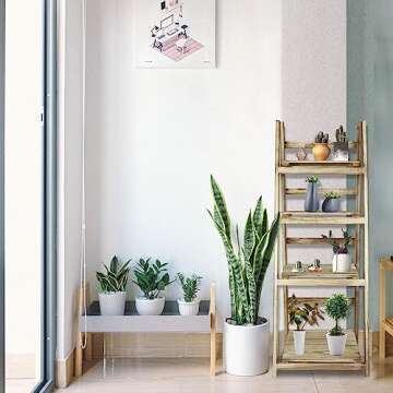 ECOMEX 4 Tier Wooden Ladder Shelf - Foldable & Rustic Storage