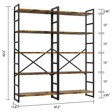 Shintenchi 2 Pieces 5 Tiers Bookshelf, Classically Tall Bookcase Shelf, Industrial Book Rack, Modern...