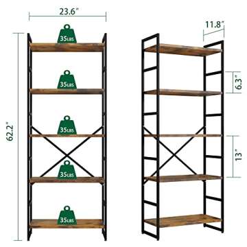 Shintenchi 2 Pieces 5 Tiers Bookshelf, Classically Tall Bookcase Shelf, Industrial Book Rack, Modern Book Holder in Bedroom/Living Room/Home/Office, Storage Rack Shelves for Books/Movies-Rustic Brown