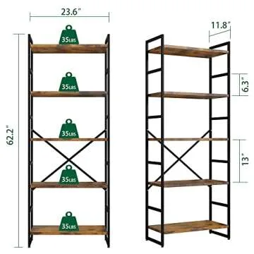 Shintenchi 2 Pieces 5 Tiers Bookshelf, Classically Tall Bookcase Shelf, Industrial Book Rack, Modern Book Holder in Bedroom/Living Room/Home/Office, Storage Rack Shelves for Books/Movies-Rustic Brown
