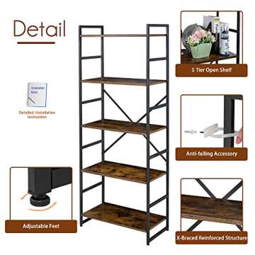 Shintenchi 2 Pieces 5 Tiers Bookshelf, Classically Tall Bookcase Shelf, Industrial Book Rack, Modern Book Holder in Bedroom/Living Room/Home/Office, Storage Rack Shelves for Books/Movies-Rustic Brown