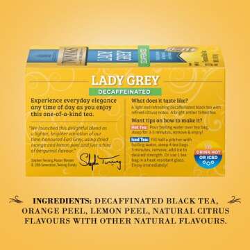 Twinings Tea Lady Grey Decaffeinated Tea - Delicate Citrusy Flavor and Uplifting Aroma, Decaf Black Tea Bags Individually Wrapped, 20 Count