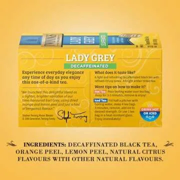 Twinings Tea Lady Grey Decaffeinated Tea - Delicate Citrusy Flavor and Uplifting Aroma, Decaf Black Tea Bags Individually Wrapped, 20 Count