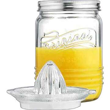 Mason Jar Glass Citrus Juicer with Stainless Steel Seal Lid 3Piece Glavers Original Mason Glass 33.8 Oz. Canning Jar with Reamer and Lid Lemon Juicer with Manual Squeezer, For Orange Juice, and