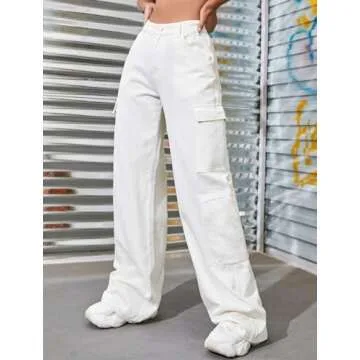 LONGBIDA High Waisted Cargo Jeans for Women Y2K Stretchy Straight Wide Leg Baggy Jeans Boyfriend Loose Denim Cargo Pants Trousers(White01,S)