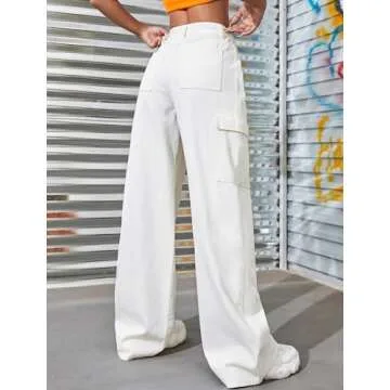 LONGBIDA High Waisted Cargo Jeans for Women Y2K Stretchy Straight Wide Leg Baggy Jeans Boyfriend Loose Denim Cargo Pants Trousers(White01,S)