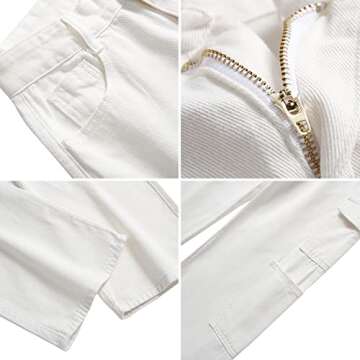 LONGBIDA High Waisted Cargo Jeans for Women Y2K Stretchy Straight Wide Leg Baggy Jeans Boyfriend Loose Denim Cargo Pants Trousers(White01,S)