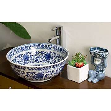 ChinaFurnitureOnline Blue and White Porcelain Floral Motif Oriental Basin