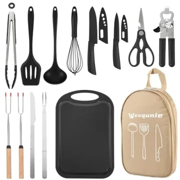 Wesqunie Camping Essentials Cookware Cooking Utensils Set - Stainless Steel & Silicone, Perfect for ...