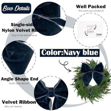 AIMUDI Navy Blue Velvet Bows 4" Christmas Bows for Gift Wrapping Velvet Bows for Christmas Tree, Holiday Crafts, Wreath, Garland, Staircase, Home Outdoor Winter Christmas Decorations, 12 PCs